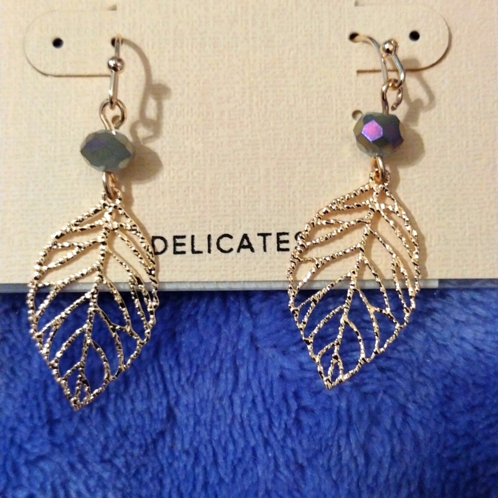 Rose Gold tone leaf earrings. Pierced with wires. New